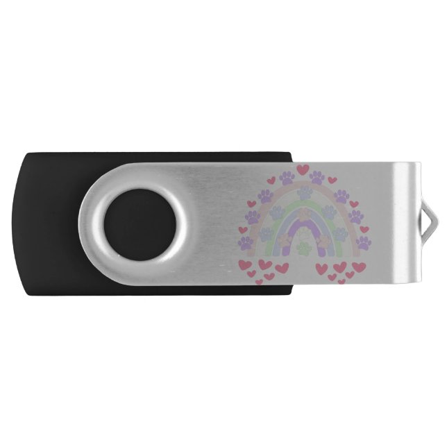 Pastel Rainbow Hearts and Dog Paw Prints Flash Drive (Front)