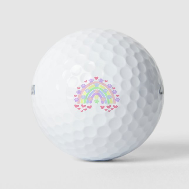 Pastel Rainbow Hearts and Dog Paw Prints Golf Balls (Front)