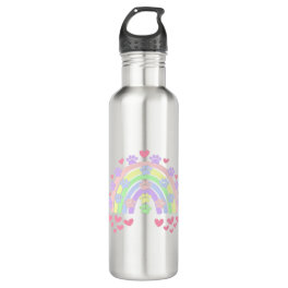 Pastel Rainbow Hearts and Dog Paw Prints Stainless Steel Water Bottle