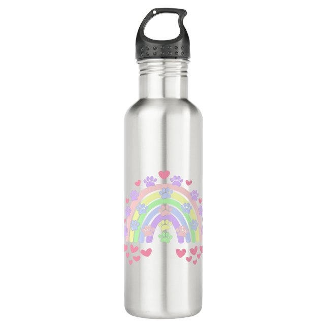 Pastel Rainbow Hearts and Dog Paw Prints Stainless Steel Water Bottle (Front)