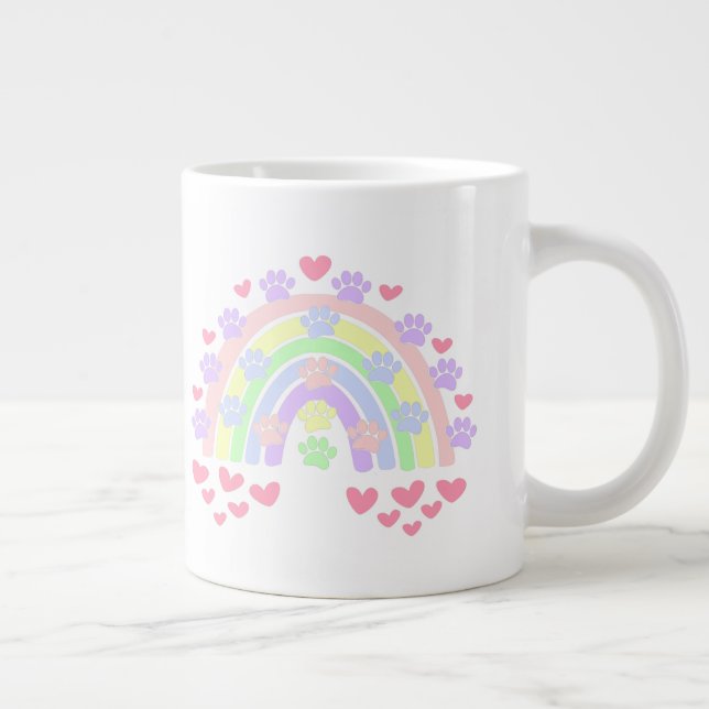 Pastel Rainbow Hearts Dog Paw Prints Two-Tone Coff Giant Coffee Mug (Right)