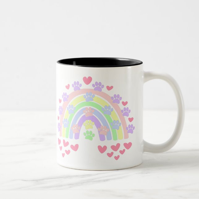 Pastel Rainbow Hearts Dog Paw Prints Two-Tone Coffee Mug (Right)