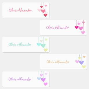 Pastel Rainbow Hearts Kid's Name Waterproof Labels