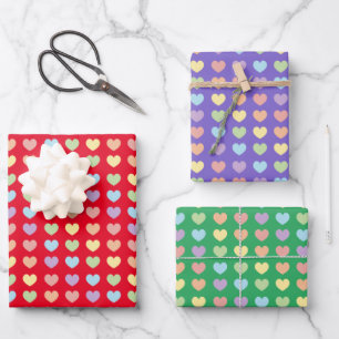 Pastel Rainbow Hearts Pattern Kids Wrapping Paper Sheets