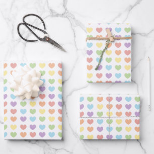 Pastel Rainbow Hearts Pattern Kids Wrapping Paper Sheets