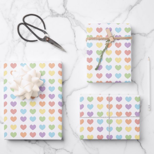 Pastel Rainbow Hearts Pattern Kids Wrapping Paper Sheets (Front)