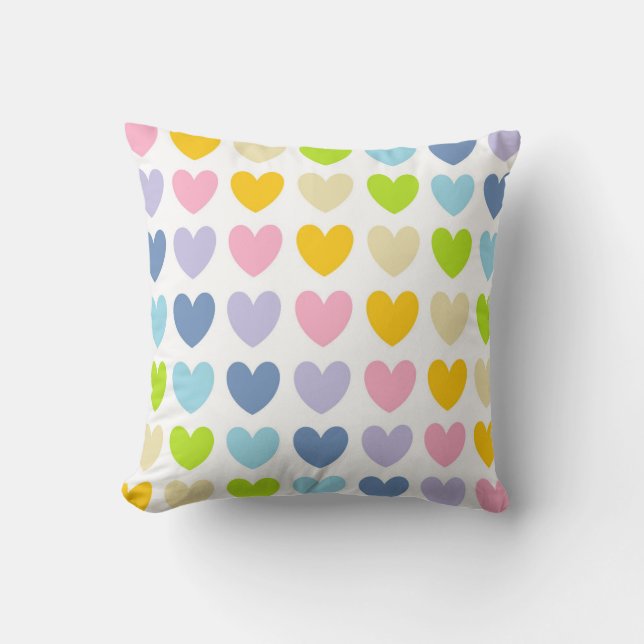 Pastel Rainbow Hearts Throw Pillow (Front)