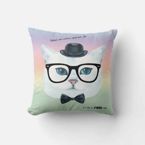 Pastel rainbow Hipster Cat Accent Pillow
