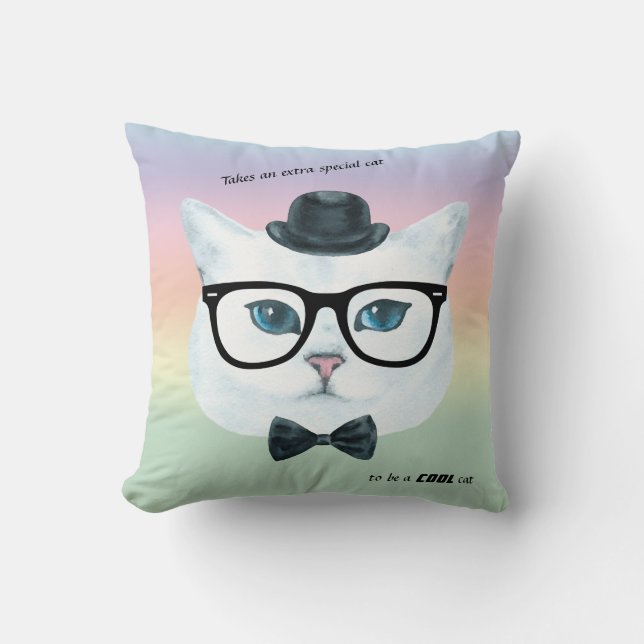 Pastel rainbow Hipster Cat Accent Pillow (Front)