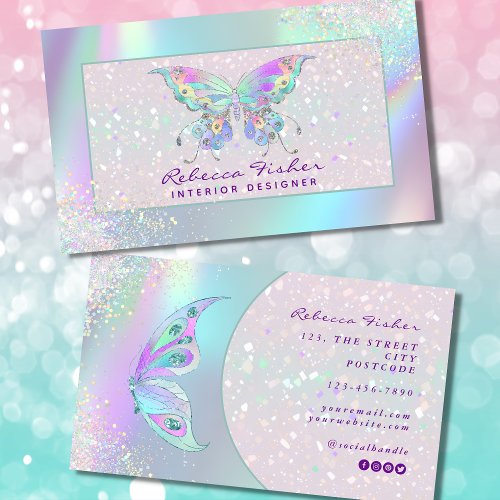 Pastel Rainbow Holographic Butterfly Business Card