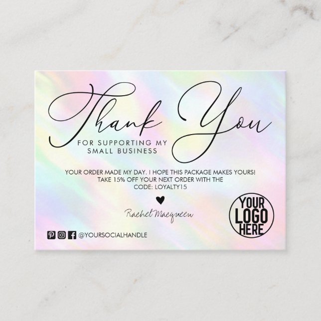 Pastel Rainbow Holographic Customer Thank You Business Card (Front)