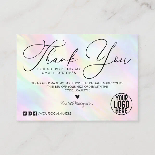 Pastel Rainbow Holographic Customer Thank You Business Card Zazzle