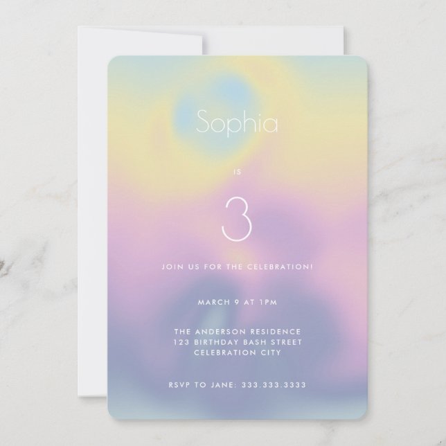 Pastel Rainbow Holographic Gradient Kids Birthday Invitation (Front)