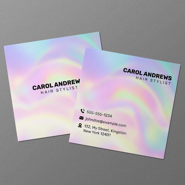 Pastel Rainbow Holographic Hair Stylist Square Business Card (Creator Uploaded)
