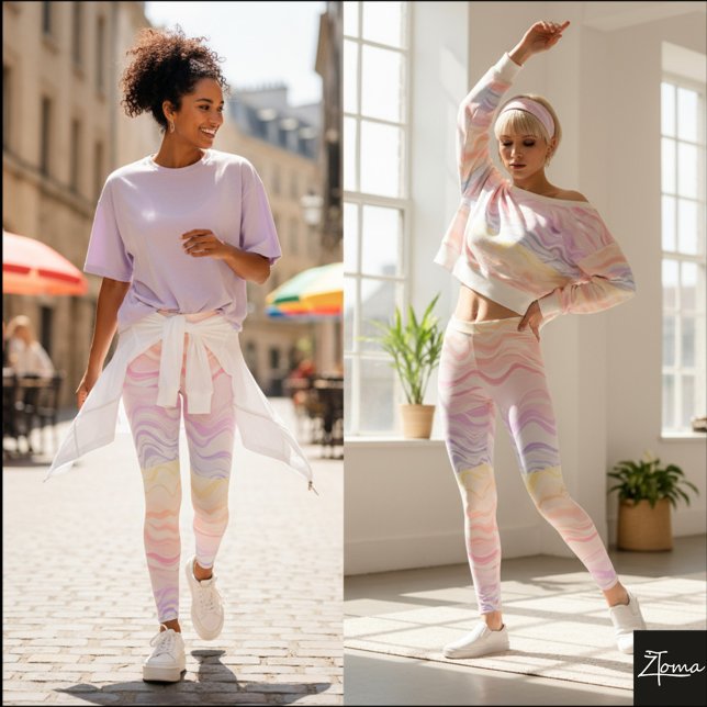Pastel Rainbow Horizontal Flowing Wave Pattern Leggings (Creator Uploaded)