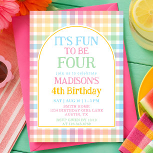 Pastel Rainbow It's Fun To Be Four 4th Birthday Invitation