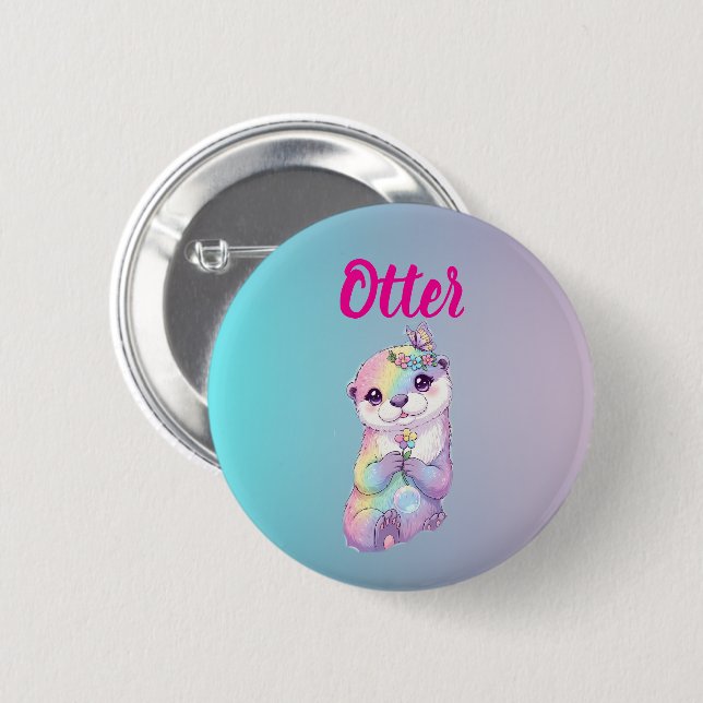 Pastel Rainbow Kawaii Otter Kids Birthday Button (Front & Back)