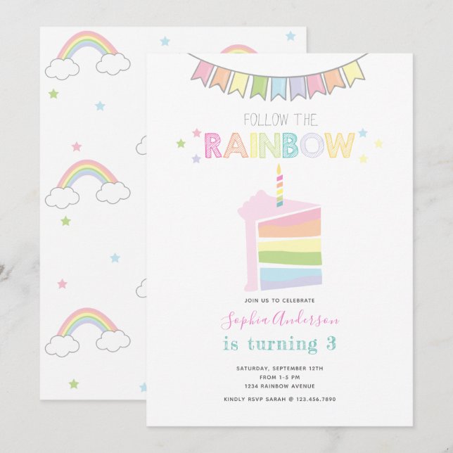 Pastel Rainbow Kids Birthday Party Invitation (Front/Back)