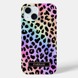 Pastel Rainbow Leopard Print Monogrammed iPhone 15 Case