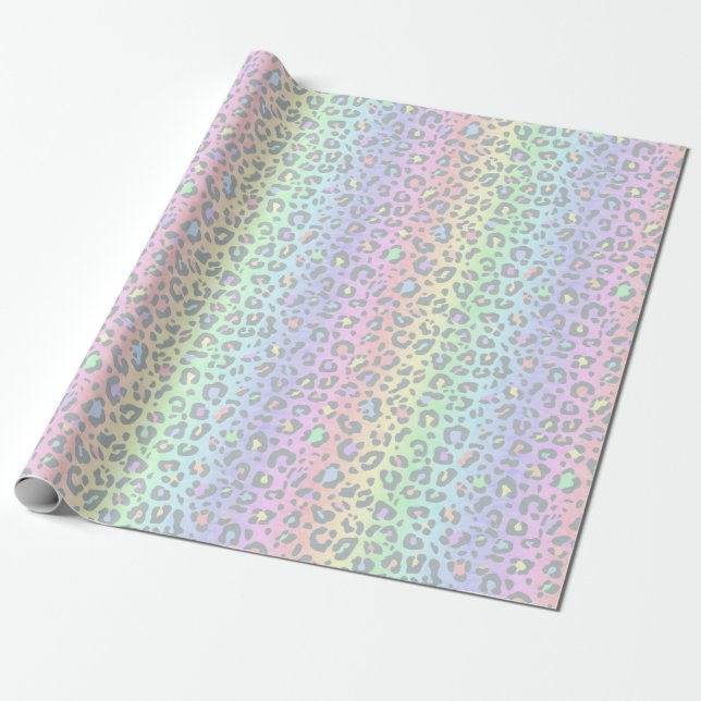Pastel Rainbow Leopard Print Wrapping Paper (Unrolled)