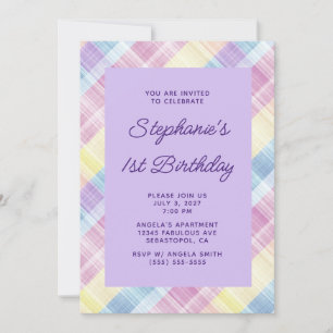 Pastel Rainbow Linen Plaid 1st Birthday Invitation
