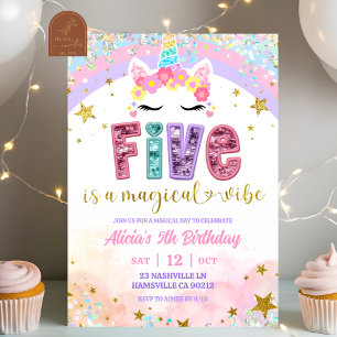 Pastel Rainbow Magical Unicorn 5th Birthday Invitation