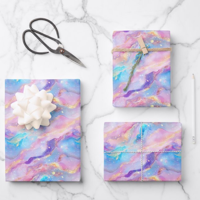 Pastel Rainbow Marble with Gold Glitter Wrapping Paper Sheets (Front)