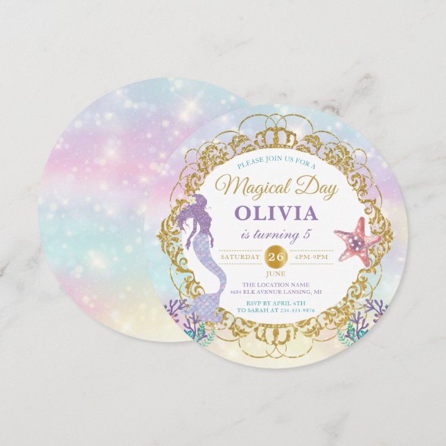 Pastel Rainbow Mermaid Under The Sea Birthday Invitation (Front/Back)