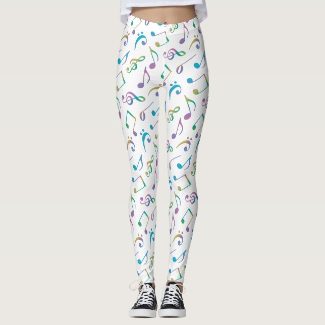 Pastel Rainbow Music Notes On White Leggings (Front)