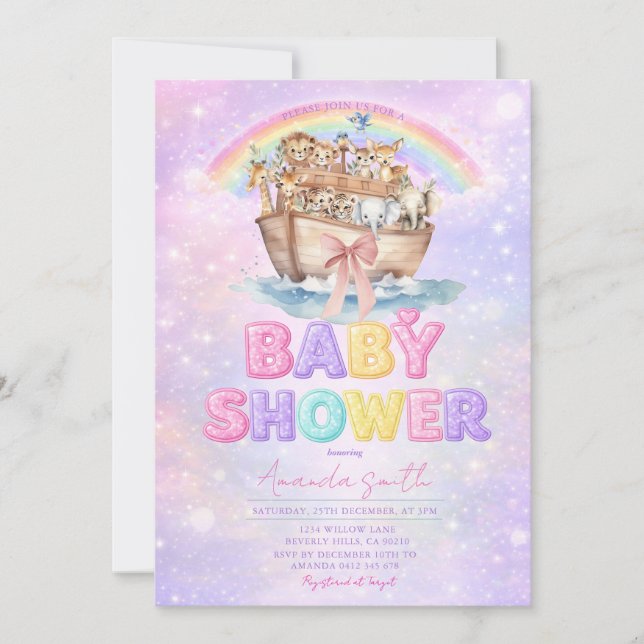 Pastel Rainbow Noah’s Ark Baby Shower Invitation (Front)