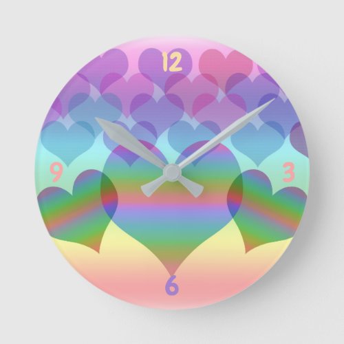 Pastel Rainbow of Hearts  Round Clock