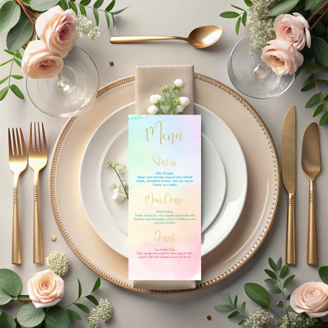 Pastel rainbow ombre baby shower menu (Pastel rainbow ombre baby shower party menu cards)