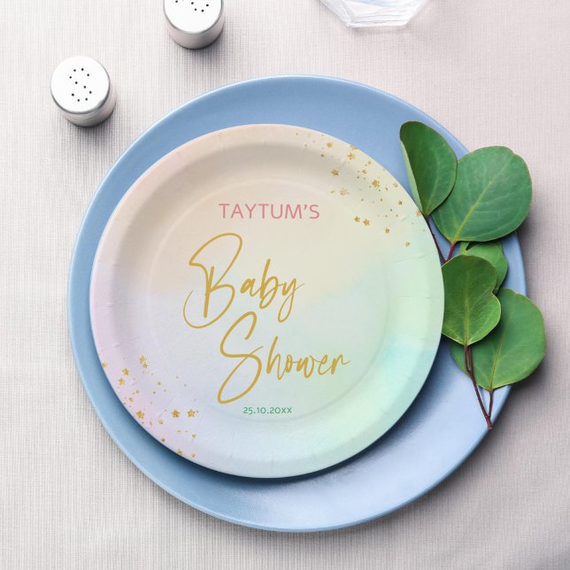 Pastel rainbow ombre baby shower printed paper plates (Pastel rainbow ombre baby shower monogram printed paper plates template personalized table decor)