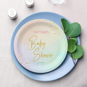 Pastel rainbow ombre baby shower printed paper plates