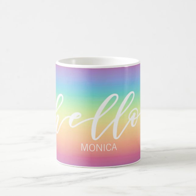 Pastel Rainbow Ombre Chic Hello Personalized Coffee Mug (Center)