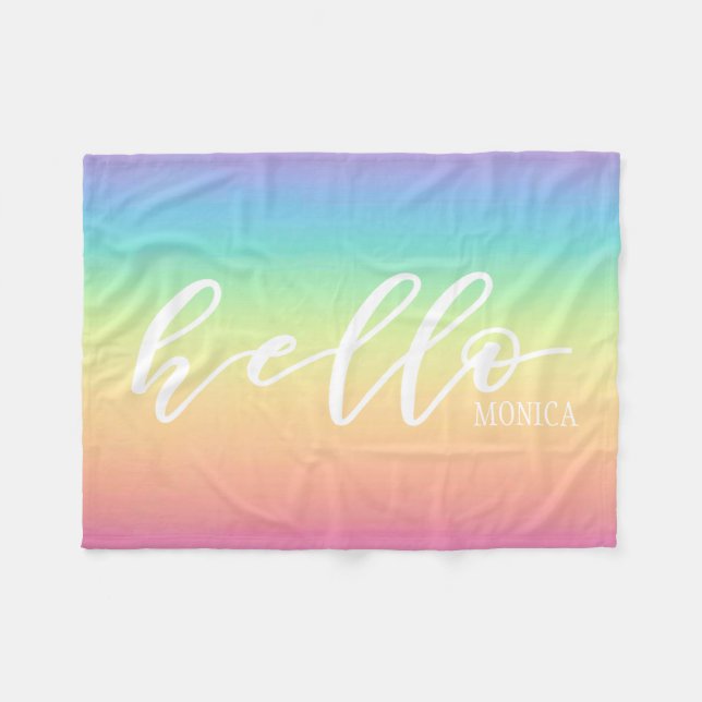 Pastel Rainbow Ombre  Chic Hello Personalized Fleece Blanket (Front (Horizontal))