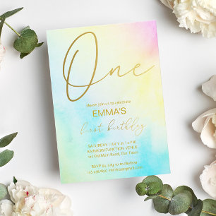 Pastel rainbow ombre first birthday party invitation