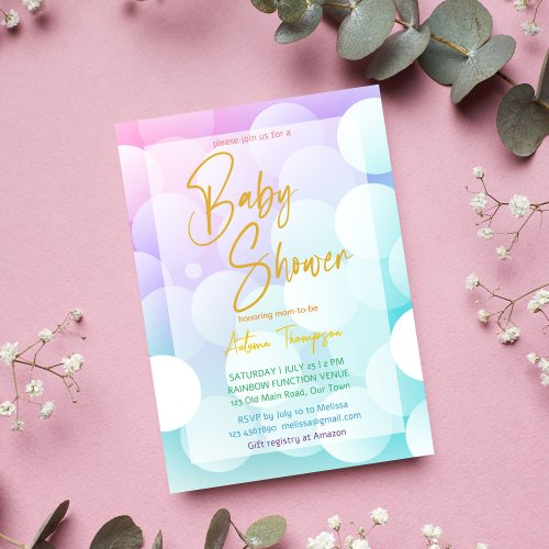 Pastel rainbow ombre gold glitter baby shower invitation