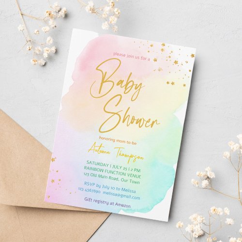 Pastel rainbow ombre gold glitter baby shower invitation
