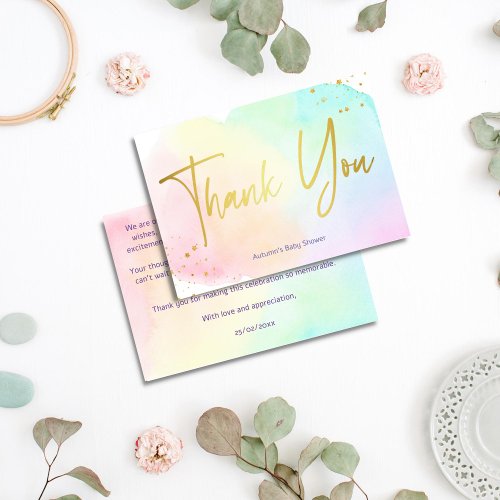 Pastel rainbow ombre gold glitter baby shower thank you card