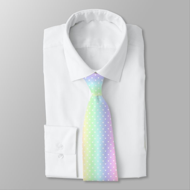 Pastel Rainbow Ombre Hearts Pattern Neck Tie (Tied)