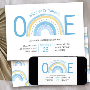 Pastel Rainbow One Boys 1st Birthday Invitation