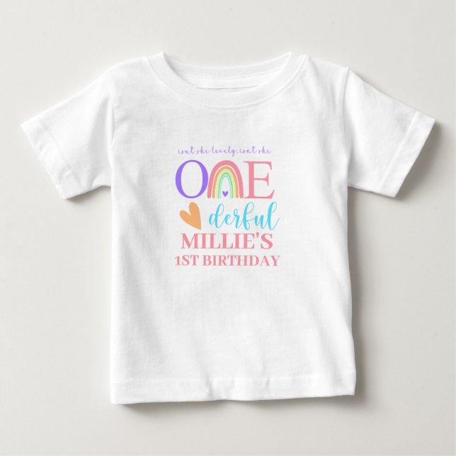 Pastel Rainbow ONEderful 1st Birthday Baby T-Shirt (Front)