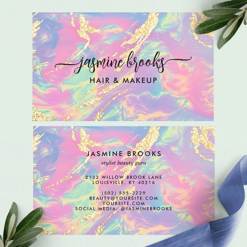 Pastel Rainbow Opal And Gold Glitter Business Card