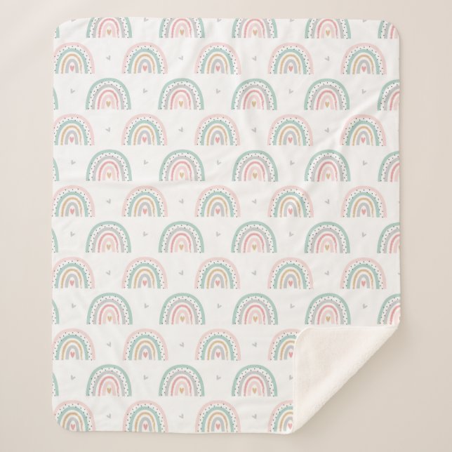 Pastel Rainbow Pattern with Hearts Sherpa Blanket (Front)