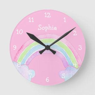 Pastel Rainbow Personalized Girl Name Magical Round Clock