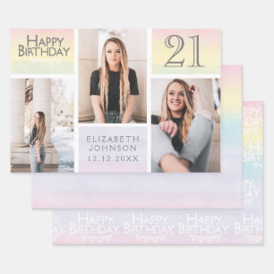 Pastel Rainbow Photo Collage 21st Birthday Wrapping Paper Sheets