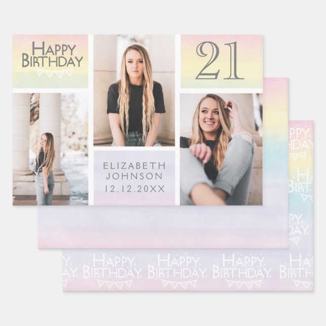 Pastel Rainbow Photo Collage 21st Birthday  Wrapping Paper Sheets (Set)