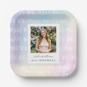 Pastel Rainbow Pink Birthday Photo Paper Plates