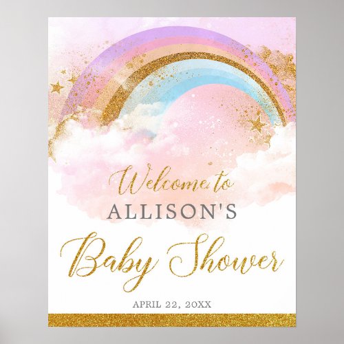 Pastel rainbow pink gold baby shower welcome sign